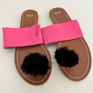 Frances Valentine Clementine Pink Nappa Leather Slide Sandals with Black Pom Pom